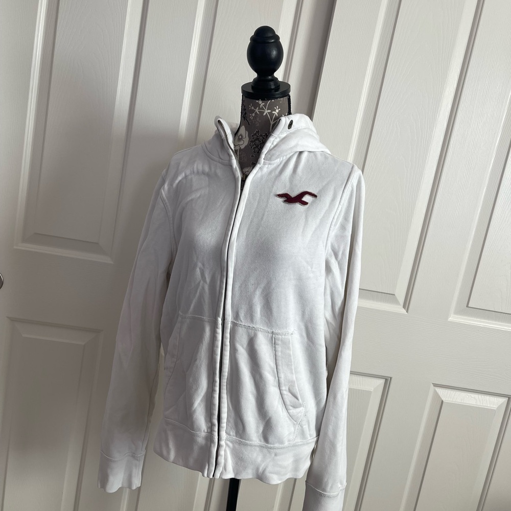 Hollister Size L White Zip Up hooded jacket with red logo